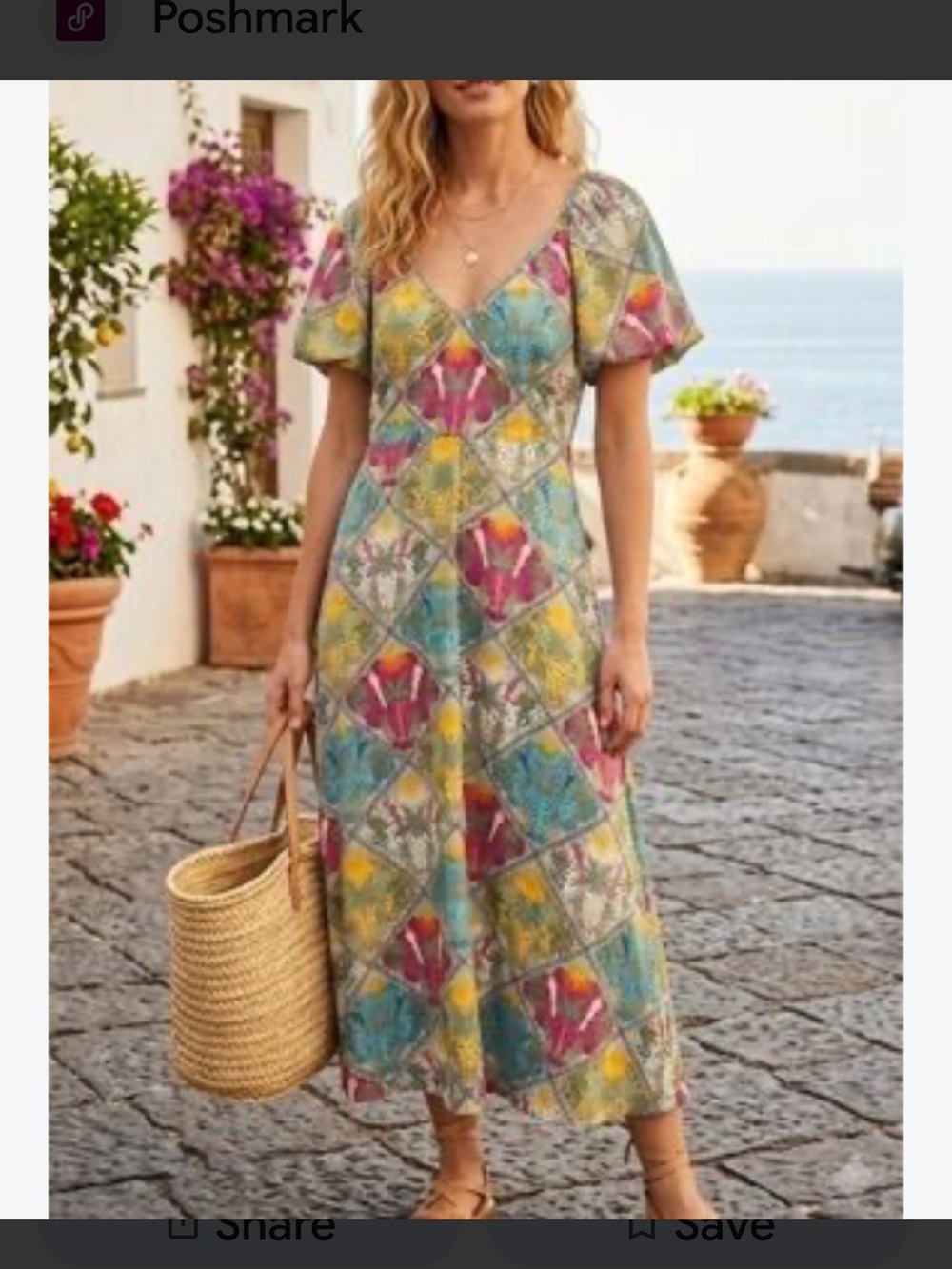 Patchwork Print V-Neck Midi Dress in Multicolor and woven belt